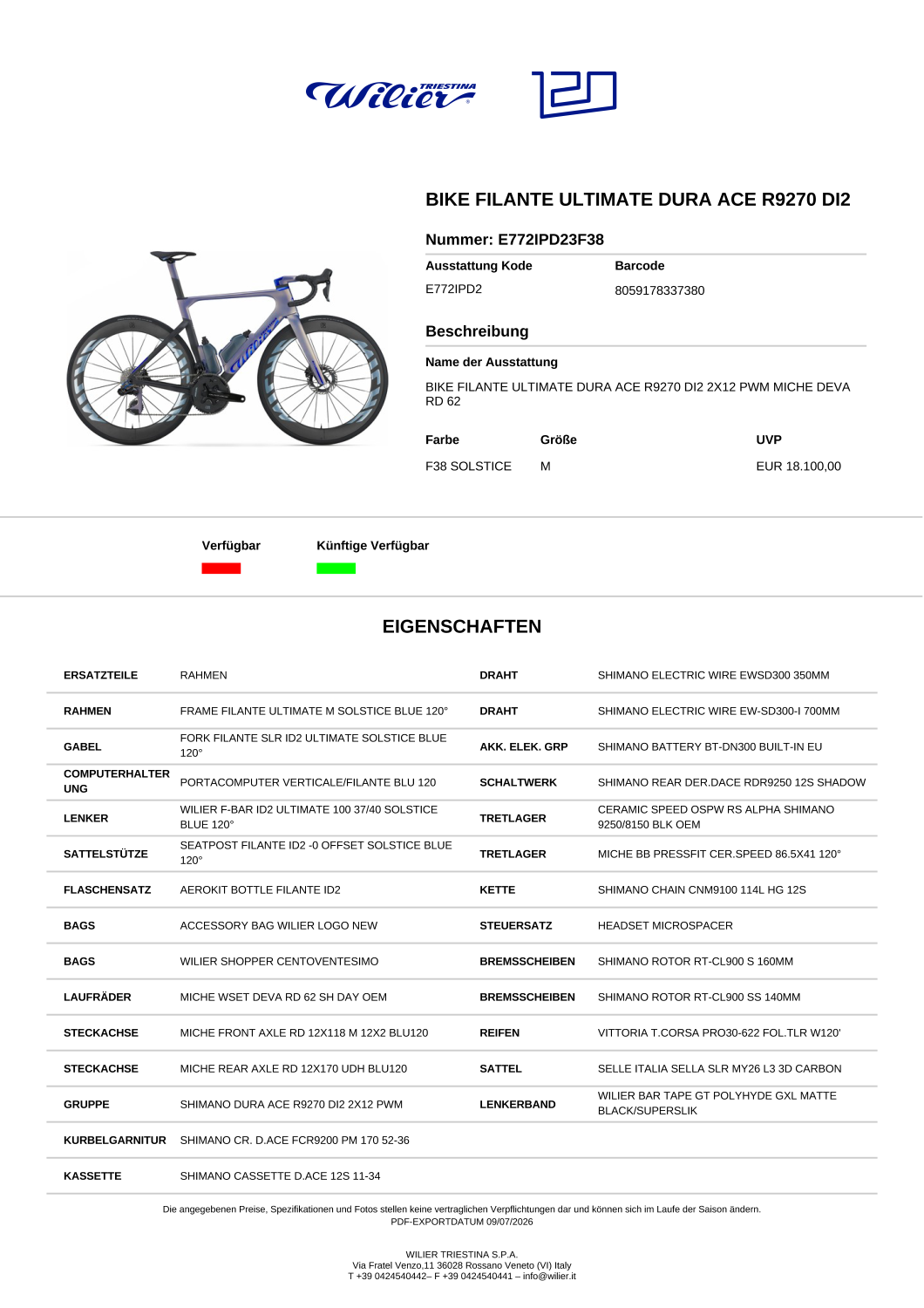 Preview: WILIER Rennrad FILANTE ULTIMATE DURA ACE R9270 DI2 2X12 PWM MICHE DEVA RD 62 M SOLSTICE BLUE 120°